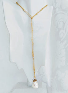 Gold vermeil cubic zirconia chain with wrapped Baroque Pendant