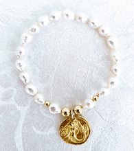 Load image into Gallery viewer, Baby Baroque pearl bracelet with gold plate pewter mermaid charm
