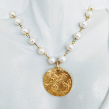 Load image into Gallery viewer, Pearl chain necklace with gold plate pewter mermaid pendant
