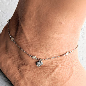 Ankle Bracelet - Sterling silver & Cubic Zirconia chain with CZ Heart charm