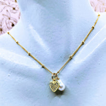 Load image into Gallery viewer, Satellite chain (14k gold fill or Sterling silver) with dainty pearl &amp; CZ heart charms
