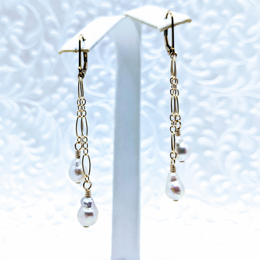 Delicate cascade pearl earrings with 14k gold fill chain