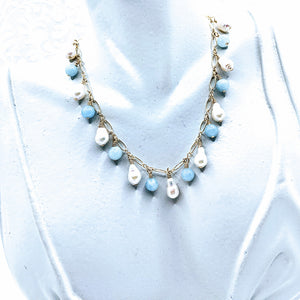 Delicate gold chain with petite baroque pearls & aquamarine shown (see all gem options).