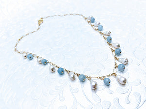 Delicate gold chain with petite baroque pearls & aquamarine shown (see all gem options).