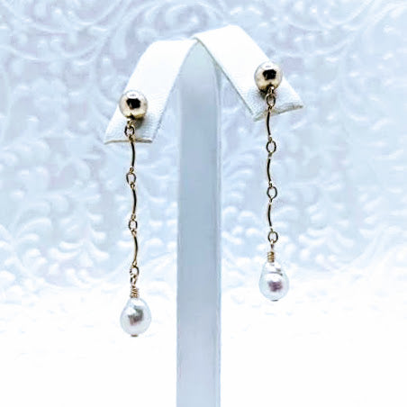Delicate gold fill chain earrings with gold bead post and pearl