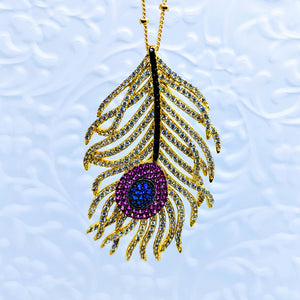 CZ Feather Pendant (Cubic Zirconia) necklace 16" 14k gold fill satellite chain.