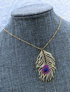 CZ Feather Pendant (Cubic Zirconia) necklace 16" 14k gold fill satellite chain.