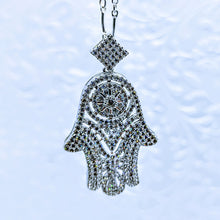 Load image into Gallery viewer, CZ Hamsa Hand (Cubic Zirconia) pendant on Sterling curved bar chain - 18&quot;
