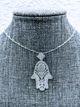 Load image into Gallery viewer, CZ Hamsa Hand (Cubic Zirconia) pendant on Sterling curved bar chain - 18&quot;
