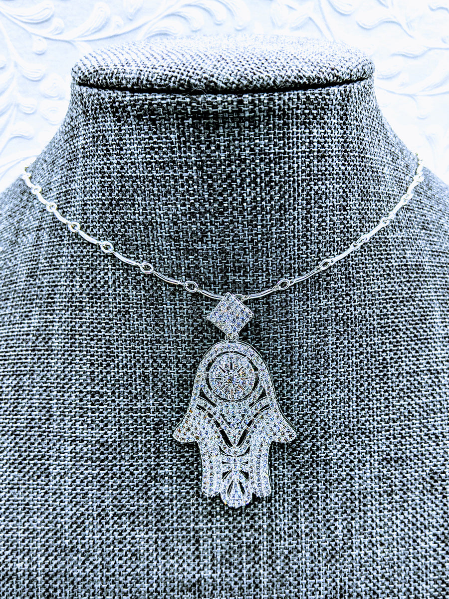 CZ Hamsa Hand (Cubic Zirconia) pendant on Sterling curved bar chain - 18