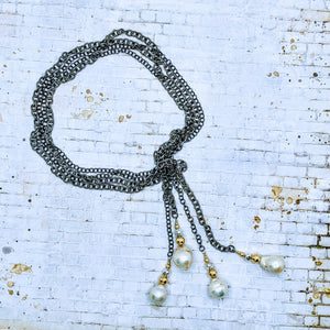 Gunmetal chain and pearl lariat - 43"