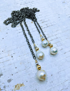 Gunmetal chain and pearl lariat - 43"