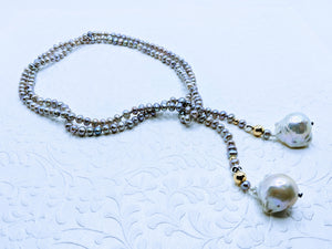 Pearl Lariat - 40". Choose from white, light pink, light gray and taupe