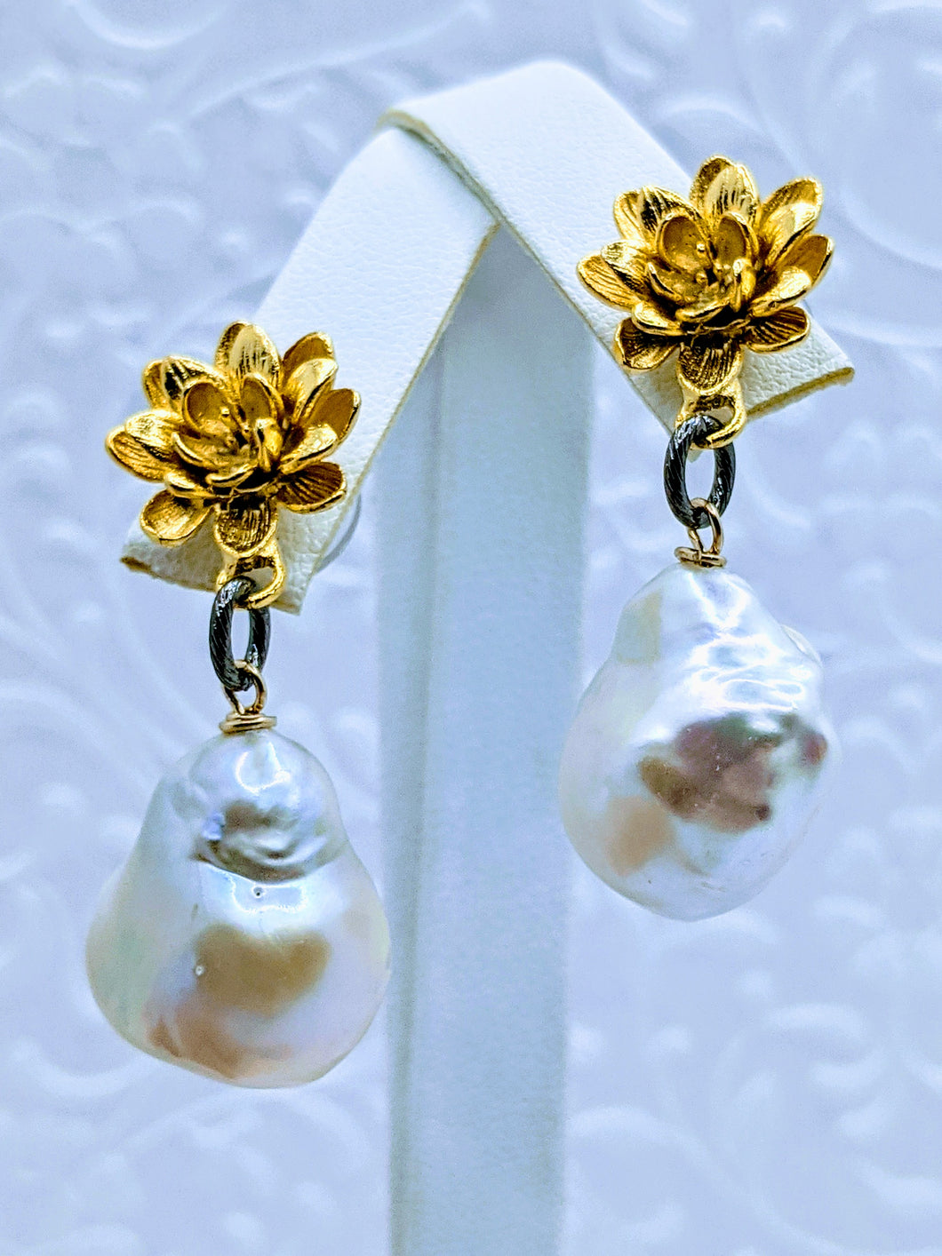 Gold flower post and pearl earrings