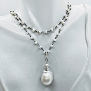 Blackened Sterling silver pearl chain with Baroque pearl pendent