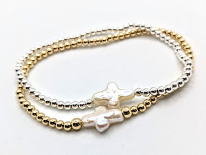 Tiny pearl cross bracelet in silver or gold