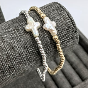 Tiny pearl cross bracelet in silver or gold