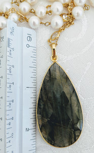 Pearl chain with faceted pendant (shown with Labradorite) See other colors.