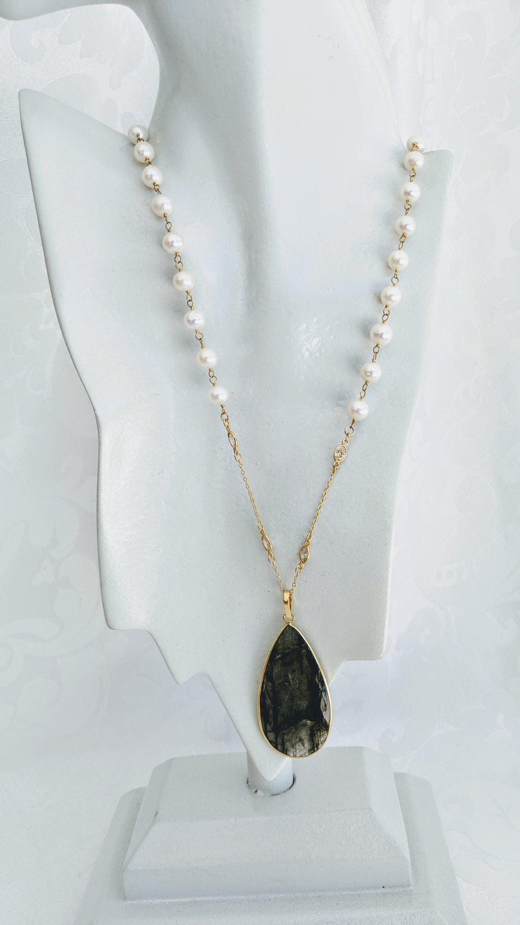 Pearl chain with faceted pendant (shown with Labradorite) See other colors.