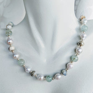 Aquamarine and Baby Baroque pearl with faceted Silverite necklace
