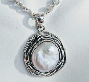 Sterling silver "nest" pendant with large pearl