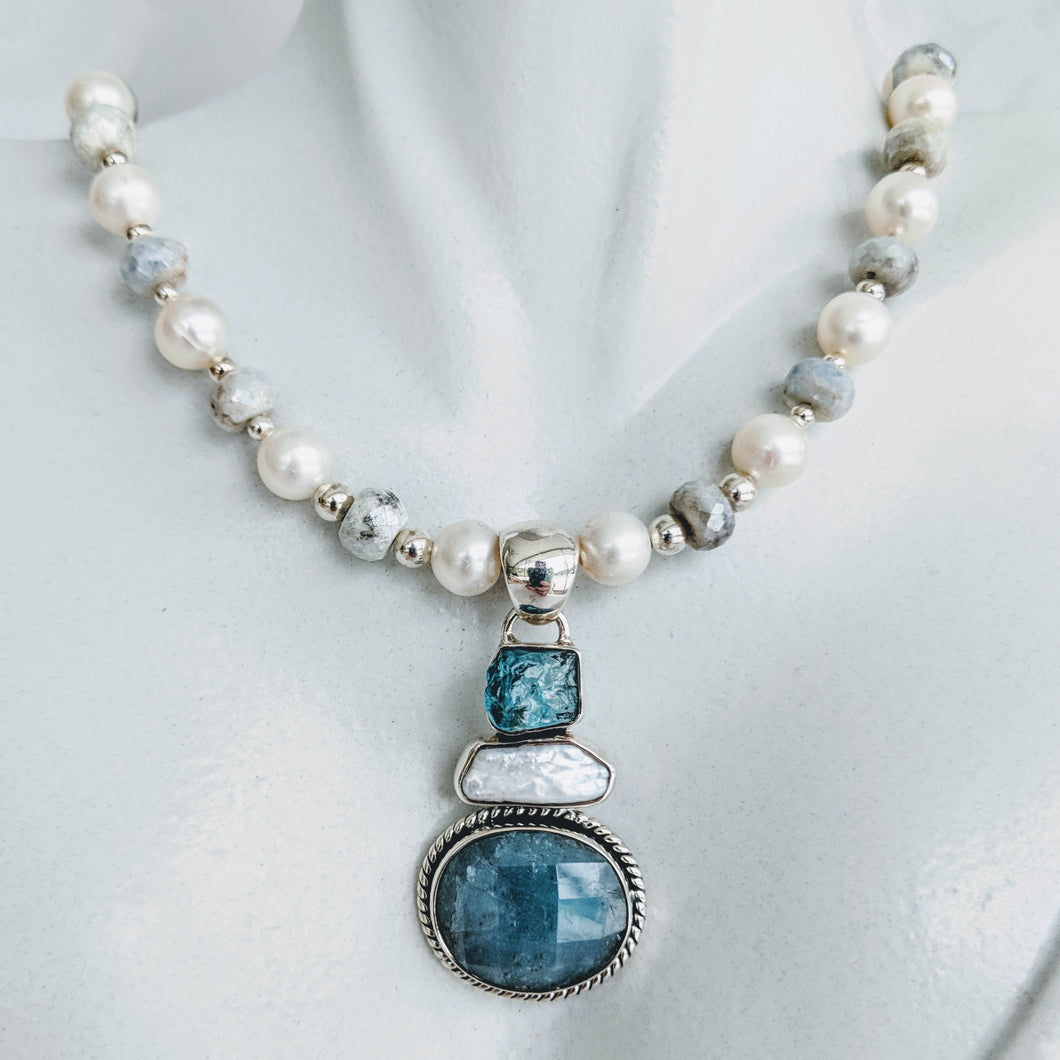 Pearl and Silverite necklace with gem pendant