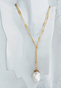 Gold vermeil cubic zirconia chain with wrapped Baroque Pendant