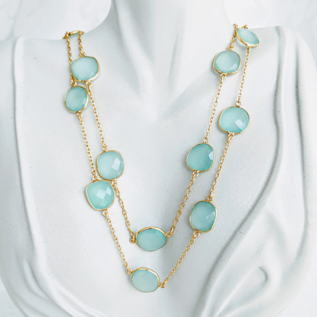 Gold and Sea Green Chalcedony gem chain necklace
