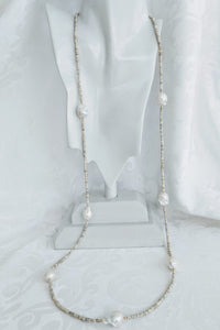 Extra long Silverite necklace with small and large Baroque pearls