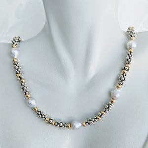 Sterling silver caviar, gold and Baby Baroque pearl necklace
