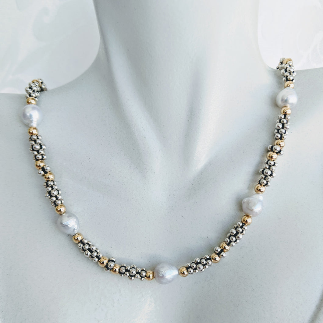 Sterling silver caviar, gold and Baby Baroque pearl necklace