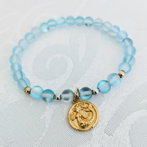Blue mermaid glass bracelet with gold plate pewter mermaid