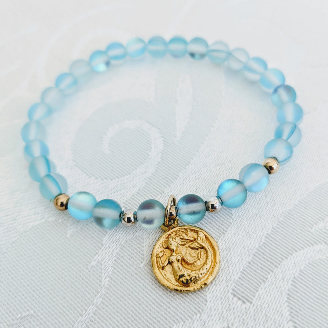 Blue mermaid glass bracelet with gold plate pewter mermaid