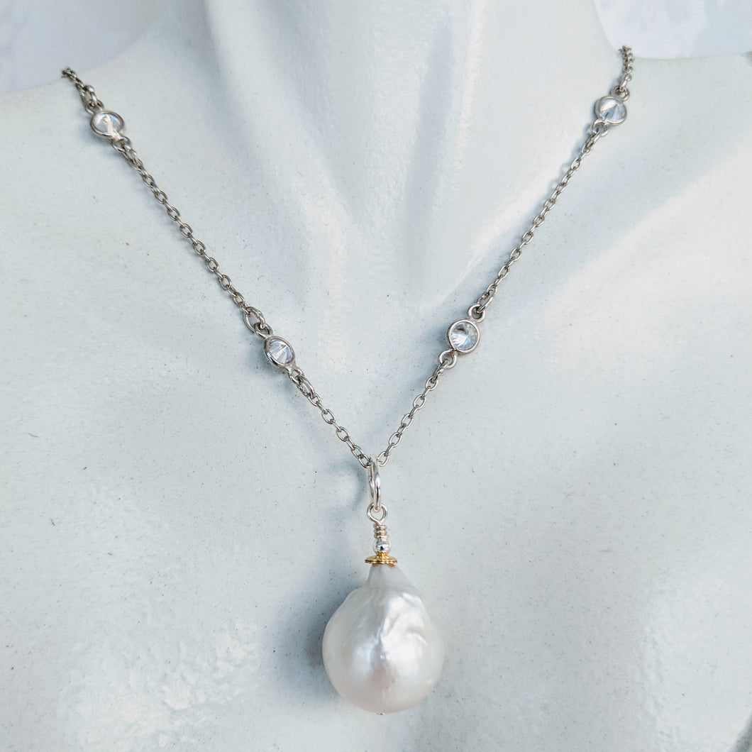 Sterling silver and CZ chain with Baroque pearl pendant