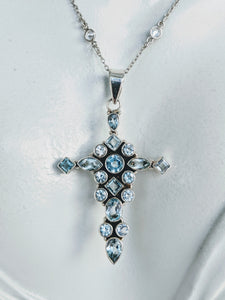 Sterling and CZ chain necklace with Blue Topaz cross