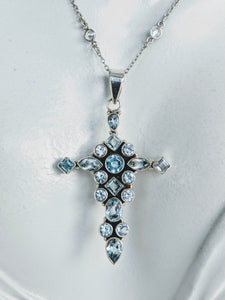 Sterling and CZ chain necklace with Blue Topaz cross