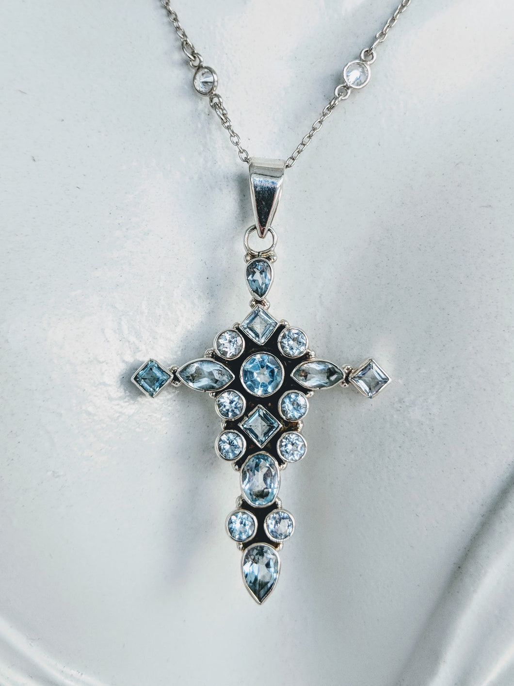 Sterling and CZ chain necklace with Blue Topaz cross