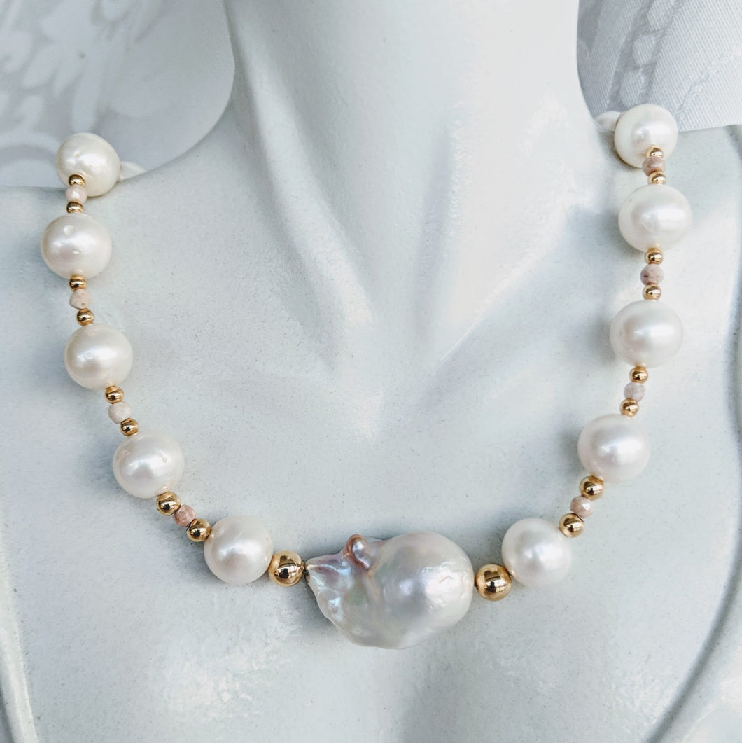 Pearl and gold necklace with large Baroque focal