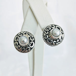 Sterling silver filagree pearl post earrings