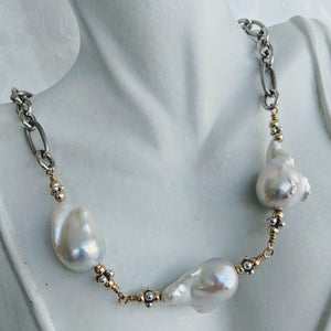 Heavy oxidized Sterling silver chain with handlinked large Baroque pearls necklace