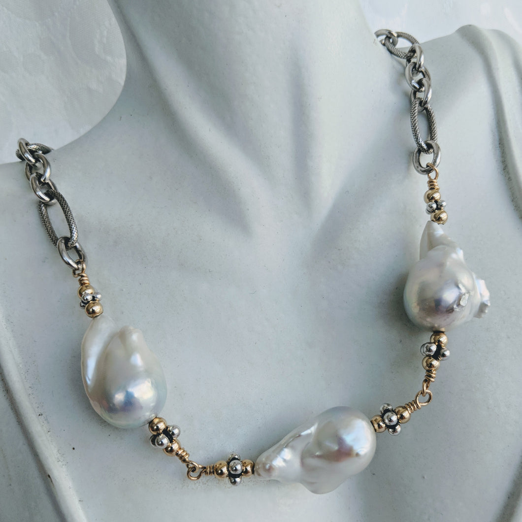 Heavy oxidized Sterling silver chain with handlinked large Baroque pearls necklace