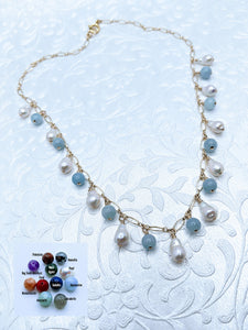 Delicate gold chain with petite baroque pearls & aquamarine shown (see all gem options).