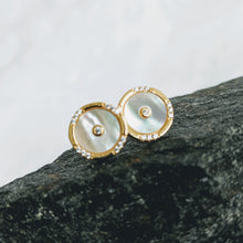 Load image into Gallery viewer, Gold vermeil, Mother of Pearl earrings w/cubic zirconia post (10mm)
