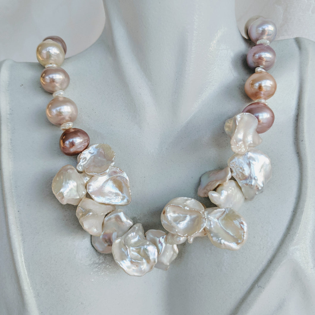 Natural tri-colored pink tone pearl necklace